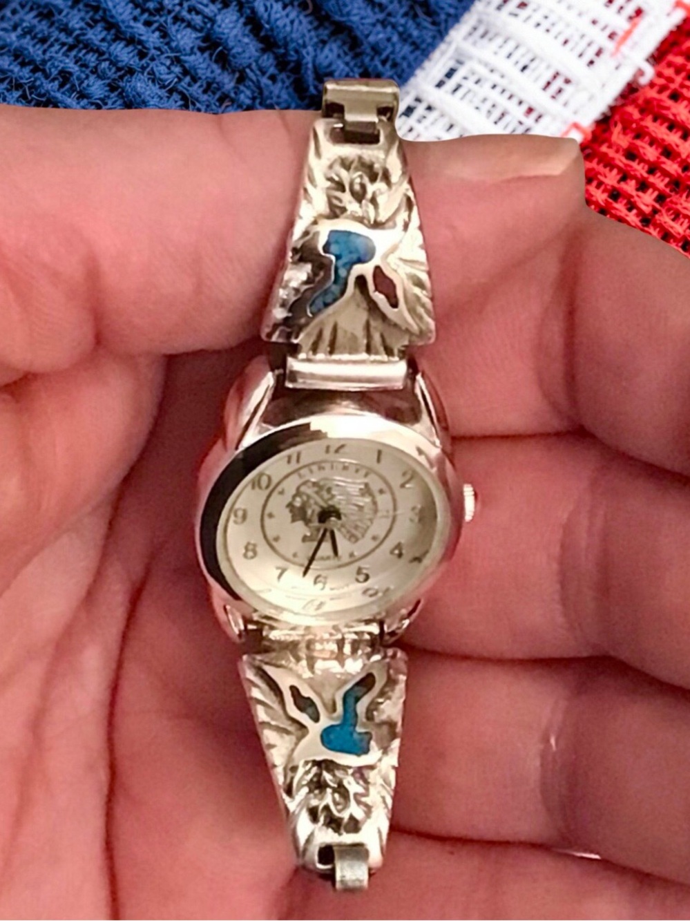 Silver Navajo Turquoise/Coral Inlay Thunderbird Tips, Indian Liberty Watch (New)